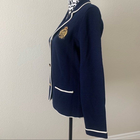 VTG LAUREN RALPH LAUREN Womens Merino Wool Cardi Jacket size M Navy Gold Crest. - Picture 5 of 16